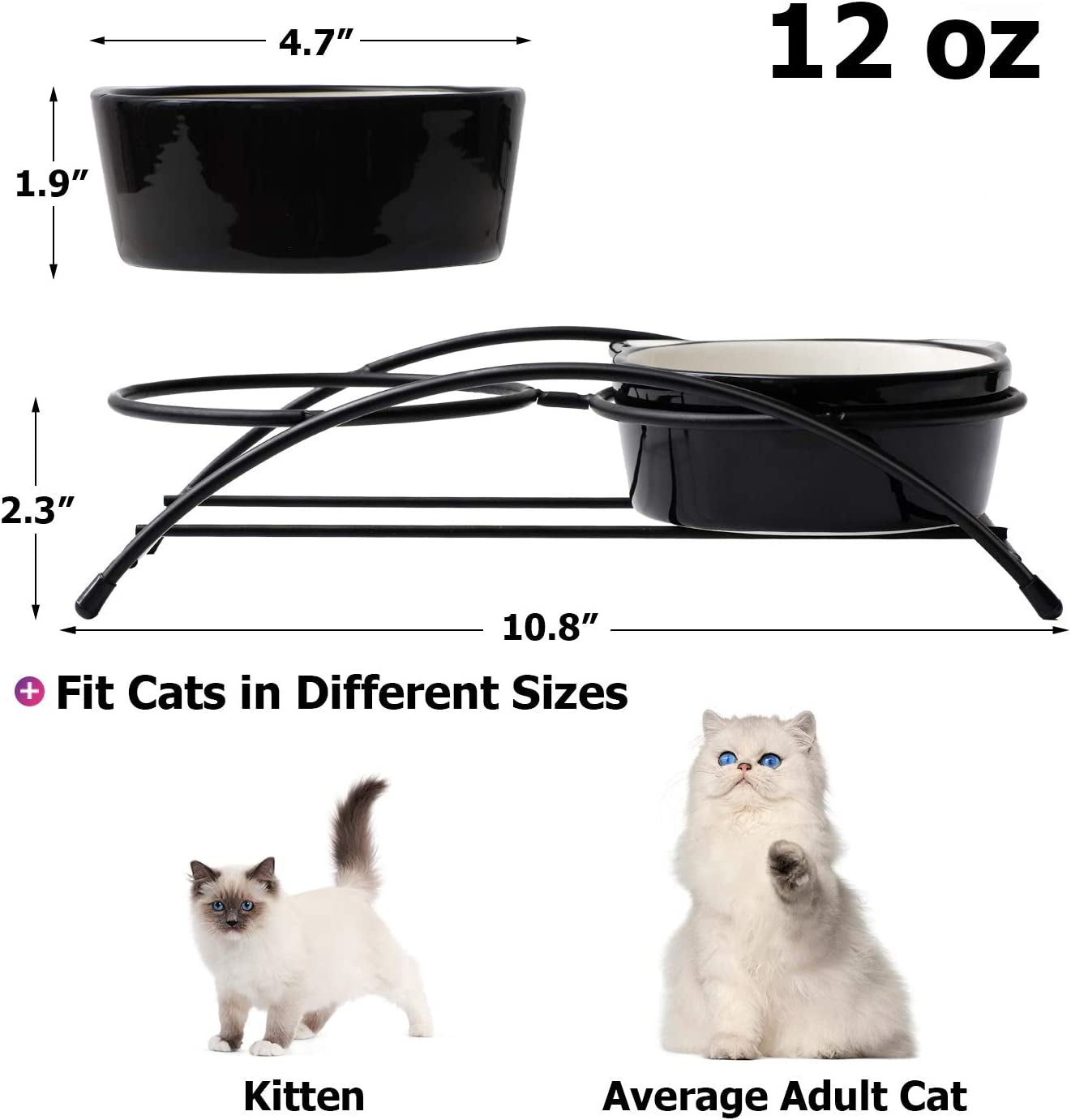 Cat Bowls Elevated, Raised Cat Bowls for Food and Water, Ceramic Pet Food Bowls for Cats or Small Dogs, Cute Cat Dishes,12 Ounces, Dishwasher Safe