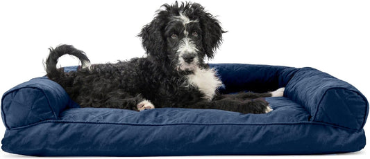 Pillow Dog Bed for Large/Medium Dogs W/ Removable Bolsters & Washable Cover - Quilted Sofa - Navy (Blue), Large